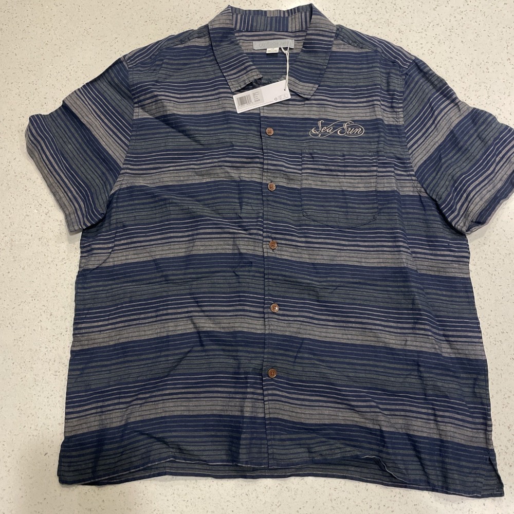 Outerknown Shirt 100% Linen Men's Large Blue/Gray Striped Short-Sleeve Button Up